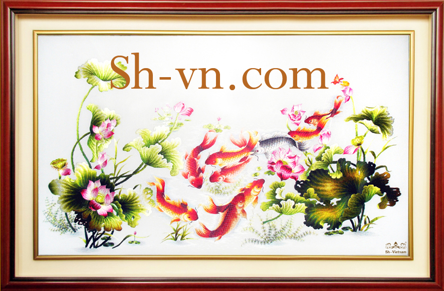 Tranh thêu Cá Chép hoa Sen 'Cửu ngư phú quý (98)'