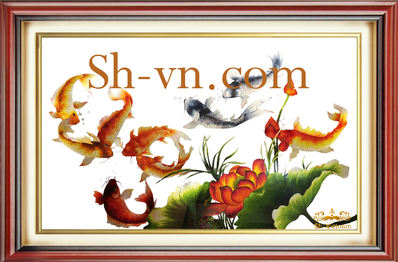 Tranh thêu Cá Chép hoa Sen 'Cửu ngư đồ(07)'