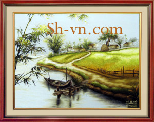 Tranh thêu tay phong cảnh quê hương 'Chốn quê 2099'