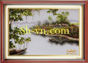 Tranh thêu tay cảnh làng quê 'Bến nước tình quê 2341'