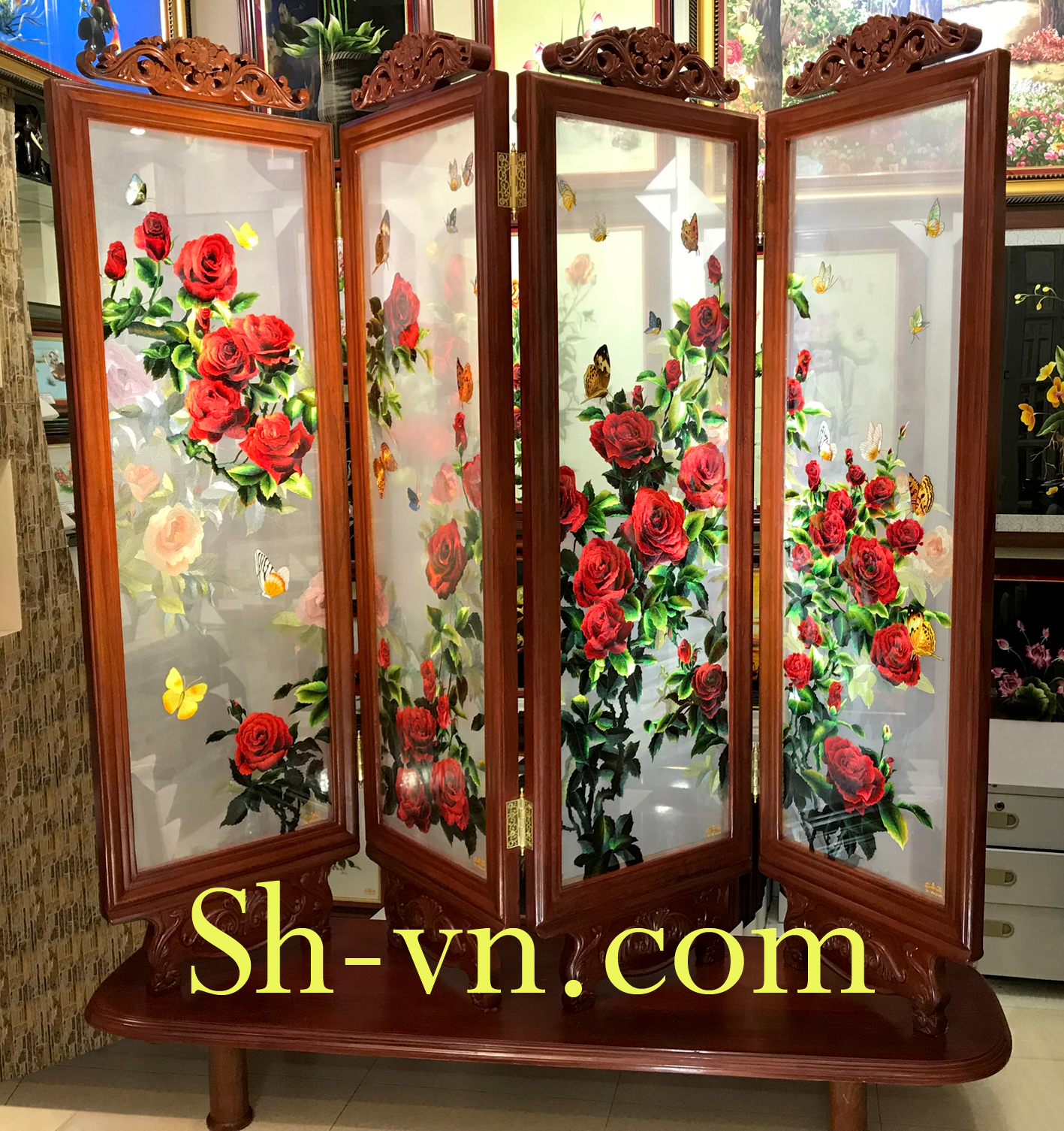 Tranh thêu tay đẹp 'Bộ bình phong vườn Hồng (238)'