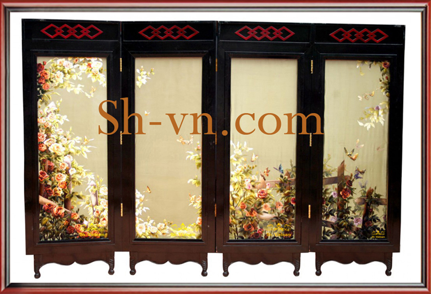 Tranh thêu tay Huế 'Bộ bình phong hoa Hồng (70)'