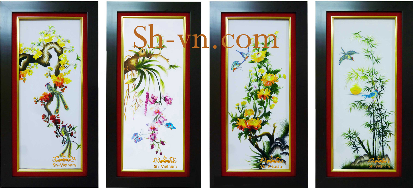 Tranh thêu Nha Trang 'Bộ tứ Mai Lan Cúc Trúc (145)'