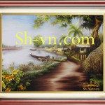 Tranh thêu tay phong cảnh làng quê "Bình minh trên sông"