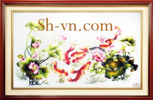 Tranh thêu Cá Chép hoa Sen ‘Cửu ngư phú quý (98)’