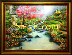 American Silk Hand Emberoidery "Embroidered landscape pattern of a stream flowing through the forest" american-silk-hand-emberoidery (1)